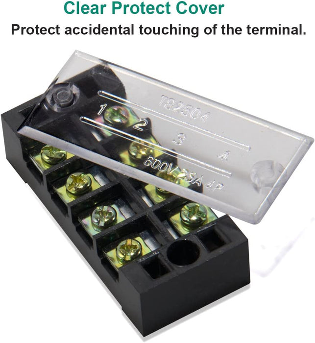 Terminal Block and Strip - 12Pcs (6 Sets) 4 Positions Dual Row 600V 25A Screw Terminal Strip Blocks with Cover + 400V 25A 4 Positions Pre-Insulated Terminals Barrier Strip Black & Red