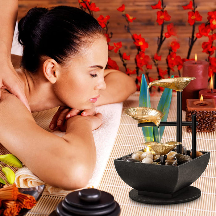 Tabletop Fountain Desktop 3-Tier Indoor Golden Lotus Leaf Relaxation Fountains Waterfall, Office Home Decor Including Lots of Natural River Rocks and Warm Yellow Scene Light, AM-MR2005
