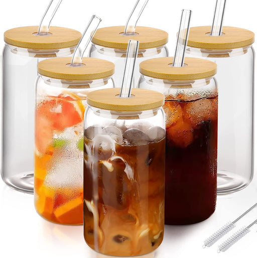 Glass Cups with Lids and Straws 4Pcs Set 16Oz Iced Coffee Cups,Glass Coffee Cups with Lids and Straw,Beer Can Glass with Lids and Straw
