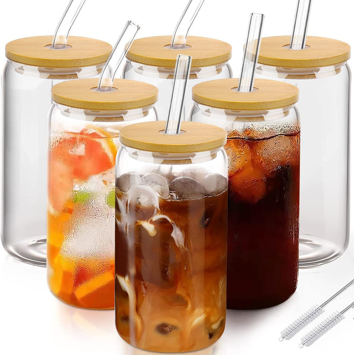 Glass Cups with Lids and Straws 4Pcs Set 16Oz Iced Coffee Cups,Glass Coffee Cups with Lids and Straw,Beer Can Glass with Lids and Straw