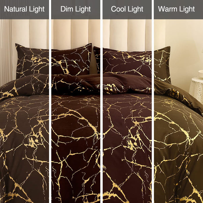 Gold Metallic Marble Comforter Set Queen Size Foil Print Glitter Bedding Sets,Coffee/Gold,Queen