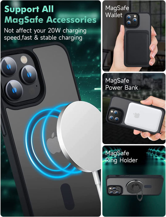 Magnetic Case for Iphone 14 Pro Max Case [Mil-Grade Drop Tested & Compatible with Magsafe] Translucent Matte Back with Aluminum Alloy Keys, Anti-Fingerprint Anti-Scratch 6.7 Inch, Black