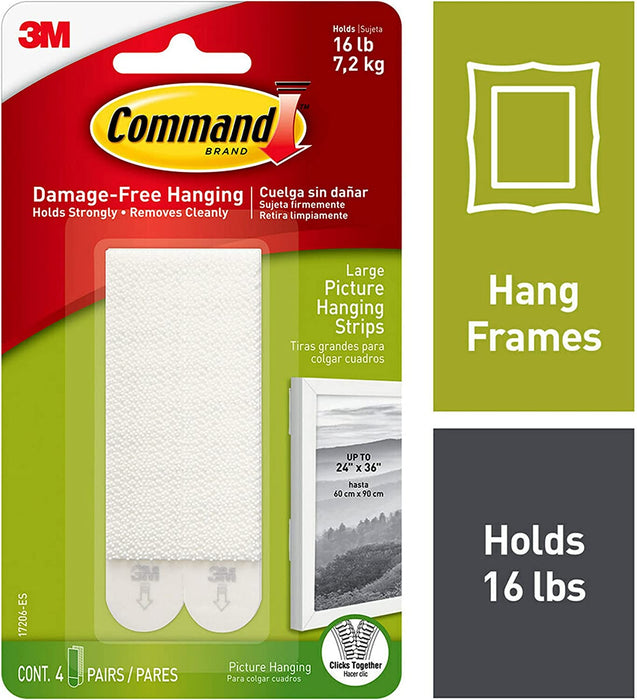 Large Picture Hanging Strips, Damage Free Hanging Picture Hangers, No Tools Wall Hanging Strips for Living Spaces, 4 White Adhesive Strip Pairs