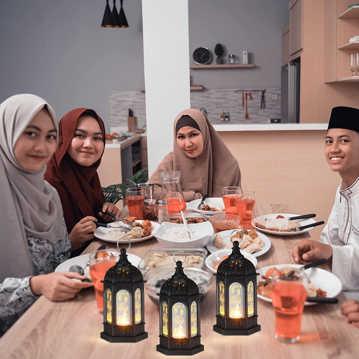 Mini Ramadan Candle Mubarak Lantern LED Eid Mubarak Lantern Moon Star Lights Moroccan Style Hanging Lantern for Home Patio Table Wedding Centerpiece Festival Decor (Black, 6 Pieces)