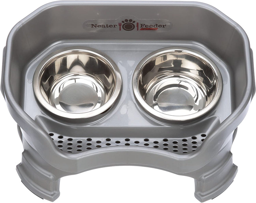 Neater Feeder Deluxe with Leg Extensions for Small Dogs - Mess Proof Pet Feeder with Stainless Steel Food & Water Bowls - Drip Proof, Non-Tip, and Non-Slip - Gunmetal Grey