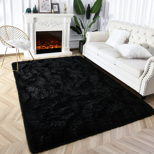 Super Soft Fluffy Shaggy Rugs 4X5.9 Feet for Living Room Bedroom, Fuzzy Plush Area Rugs for Girls Kids Room Nursery Home Decor, Furry Dorm Rug Cute Non-Slip Indoor Floor Carpet , Black