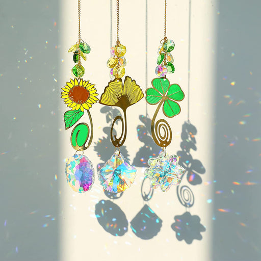 Hanging Crystal Suncatchers Prism, Glass Window Decorations, Rainbow Maker Wind Chime Sun Catcher, Sunflower&Clover&Ginkgo Leaf