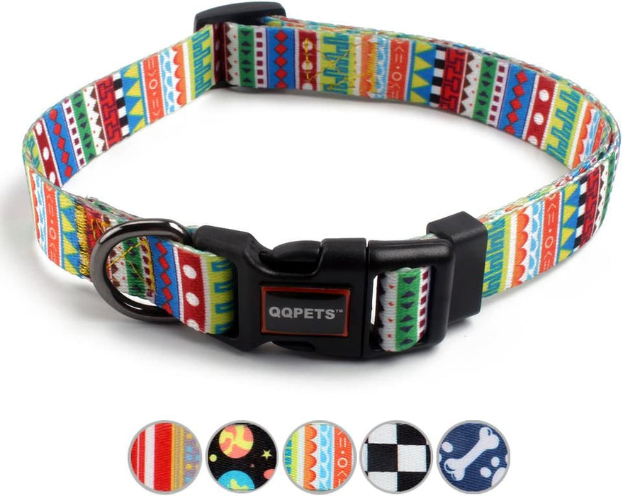 QQPETS Adjustable Soft Dog Collar: Print Flower Pink Multicolor Cute Patterns for XS Small Medium Large Pet Girl Boy Puppy Walking Running Training (M, Bone)