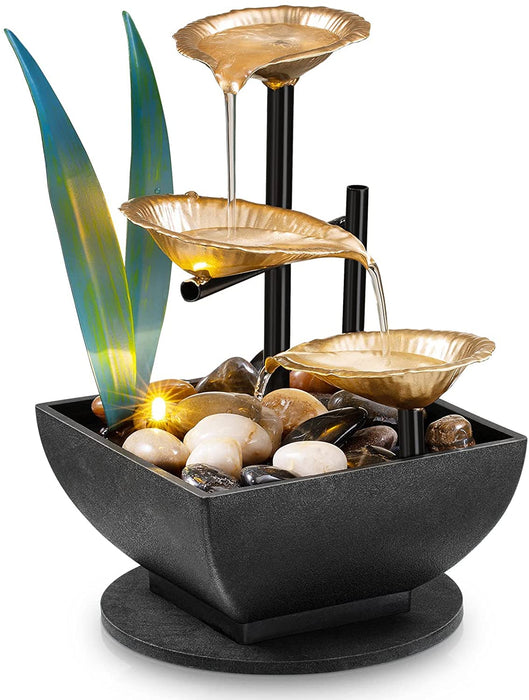 Tabletop Fountain Desktop 3-Tier Indoor Golden Lotus Leaf Relaxation Fountains Waterfall, Office Home Decor Including Lots of Natural River Rocks and Warm Yellow Scene Light, AM-MR2005