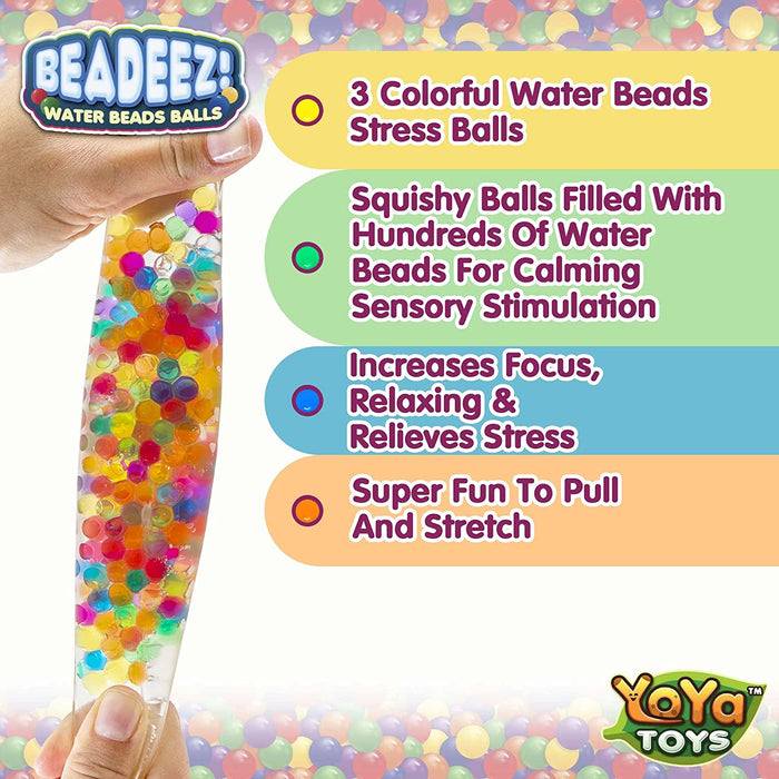 Beadeez Squishy Stress Relief Balls (3 Pack) - Colorful Squeeze Stretch Balls with Water Beads - Sensory Fidget Toys for Kids and Adults - Increase Focus, Great for ADHD, Autism, Anxiety