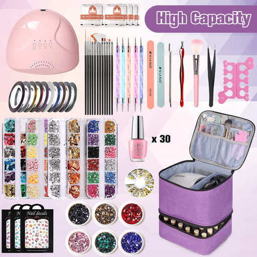 Nail Polish Organizer and Nail Dryer Case, Double-Layer Nail Polish Storage Holds 30 Bottles (15Ml/0.5 Fl.Oz) and 1 Led Nail Lamp, Travel Carrying Case for Nail Polish Kit Set (Purple)