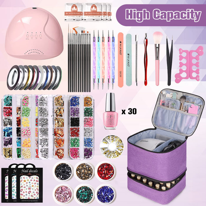 Nail Polish Organizer and Nail Dryer Case, Double-Layer Nail Polish Storage Holds 30 Bottles (15Ml/0.5 Fl.Oz) and 1 Led Nail Lamp, Travel Carrying Case for Nail Polish Kit Set (Purple)