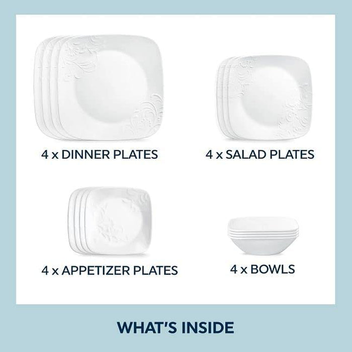 Cherish 16Pc, Service for 4, Dinnerware Set, 8 Plates 8 Bowls, Chip & Break Resistant, Dinner Plates and Dinner Bowls, ware Plates, White