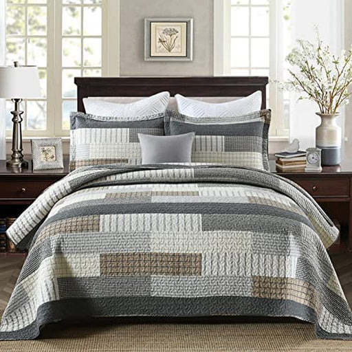 Quilt Queen Size 100% Cotton Queen Size Quilts Grey Black Brown Bedspreads Plaid Quilts Lightweight Soft Breathable Bedding Sets for All Season, 3 Piece