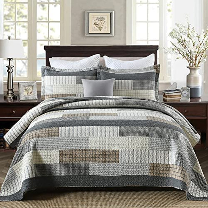 Quilt Queen Size 100% Cotton Queen Size Quilts Grey Black Brown Bedspreads Plaid Quilts Lightweight Soft Breathable Bedding Sets for All Season, 3 Piece