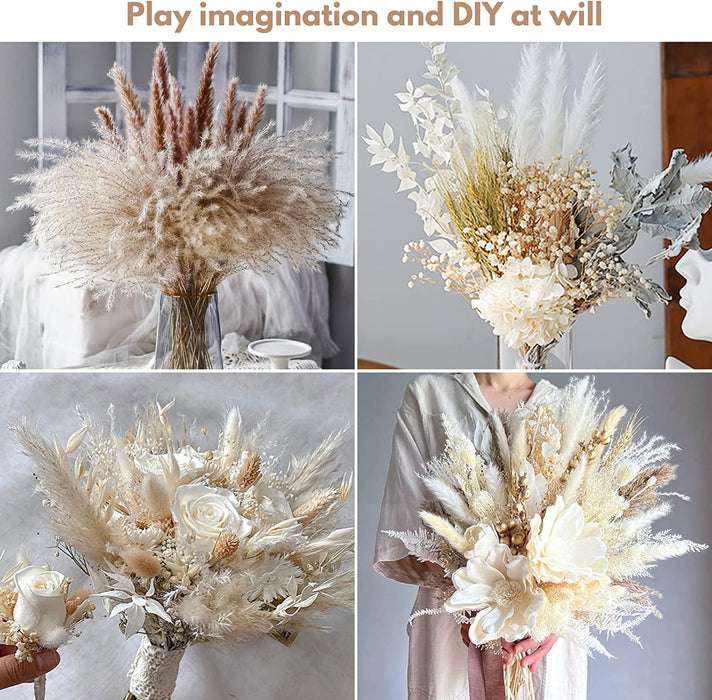 120 Pcs Dried Pampas Grass Dried Flowers Bouquet Natural Pampas Grass Decor White & Brown Pompous Grass Bunny Tails Reed for Farmhouse Rustic Party Wedding Boho Home Decorations, 17.5''