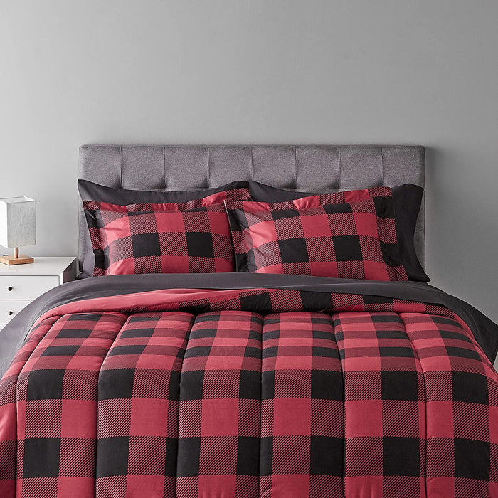 7-Piece Lightweight Microfiber Bed-In-A-Bag Comforter Bedding Set - Full/Queen, Red Buffalo Plaid