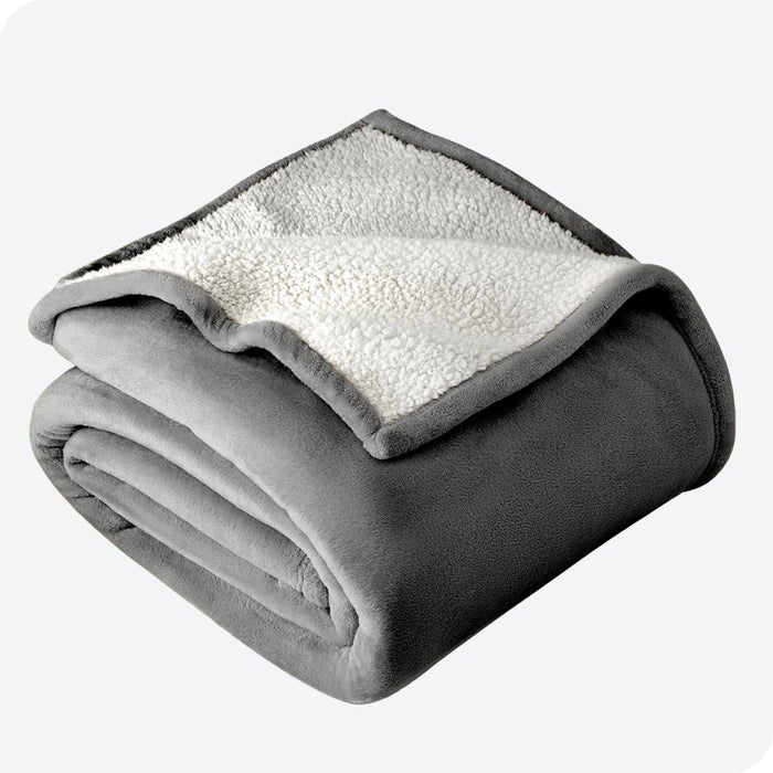 Plush Sherpa Bed Blanket, Fluffy & Soft, Reversible, Lightweight, Full/Queen, Gray