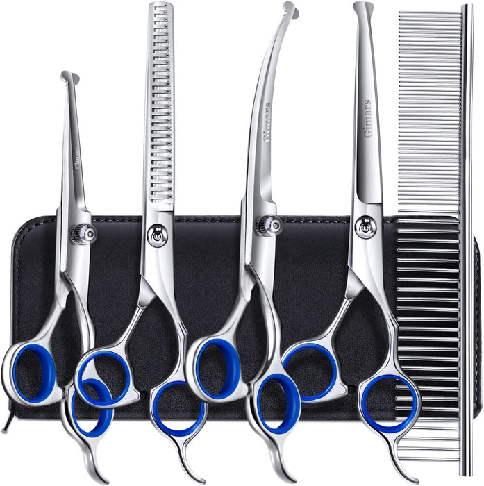 Professional 4CR Stainless Steel Safety round Tip 6 in 1 Dog Scissors for Grooming, Heavy Duty Titanium Coated Pet Grooming Scissor for Dogs, Cats and Other Animals