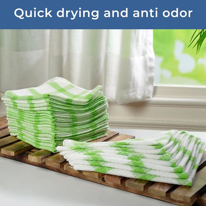 Set of 24 Kitchen Towels Dish Cloths Soft Green Checkered Pattern 100% Cotton 12X12"