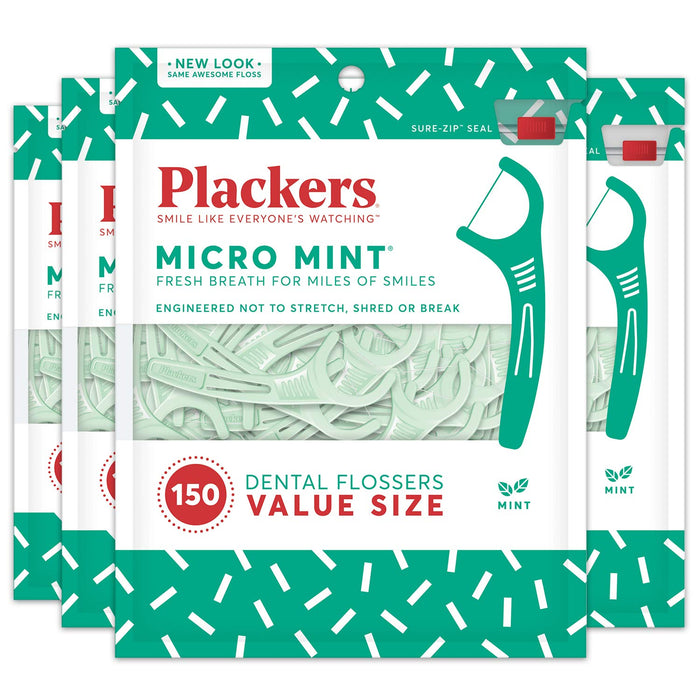 Plackers Micro Mint Dental Flossers, Fresh Mint Flavor, Fold-Out Toothpick, Super Tuffloss, Easy Storage with Sure-Zip Seal, 300 Count