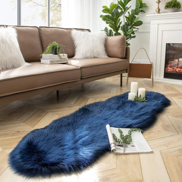 Ashler Faux Fur Rug, Fluffy Shaggy Area Rug Ultra Soft 2 X 6 Feet Sheepskin Fur Rug, Navy Blue Fuzzy Rug Machine Washable Shag Rug, Nursery Decor Throw Rugs for Bedroom, Kids Room, Living Room