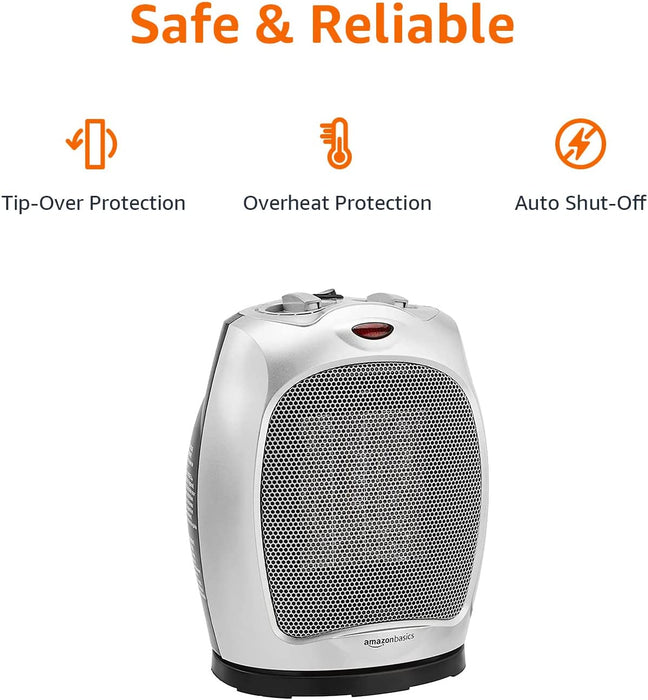 1500W Oscillating Ceramic Heater with Adjustable Thermostat, Silver