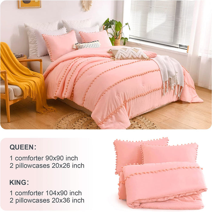 Pink King Size Comforter Set, Boho Bedding Pom Pom Bed Comforter King Set for All Season 3 Pieces