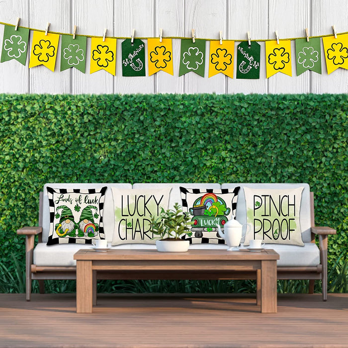 St Patricks Day Gnomes Pillow Covers 18X18 Set of 4 Home Decor, Shamrock Plaid Throw Pillows Lucky Truck Green Decor, St Patricks Day Decor Couch Pillows Covers for Sofa Farmhouse Bed