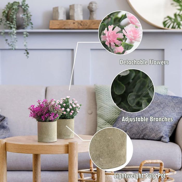 GIRLS Small Fake Plants Set of 3 Home Decor Indoor, Potted Artificial Plant Flowers Living Room Bedroom Bathroom Aesthetic, Mini Faux Plant in Pots for Desk Shelf Office, Purple Pink White