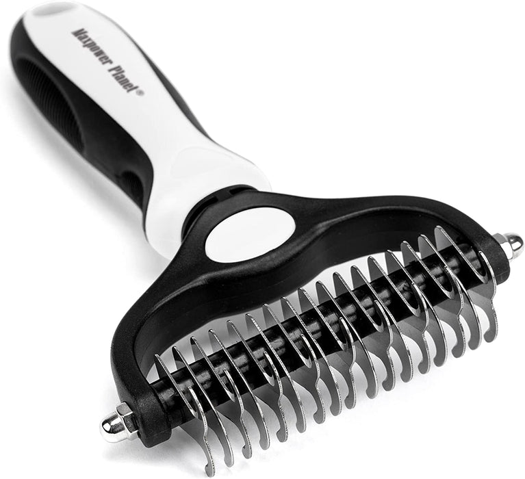 Pet Grooming Brush - Double Sided Shedding and Dematting Undercoat Rake Comb for Dogs and Cats,Extra Wide, Blue, Dog Grooming Brush, Dog Shedding Brush