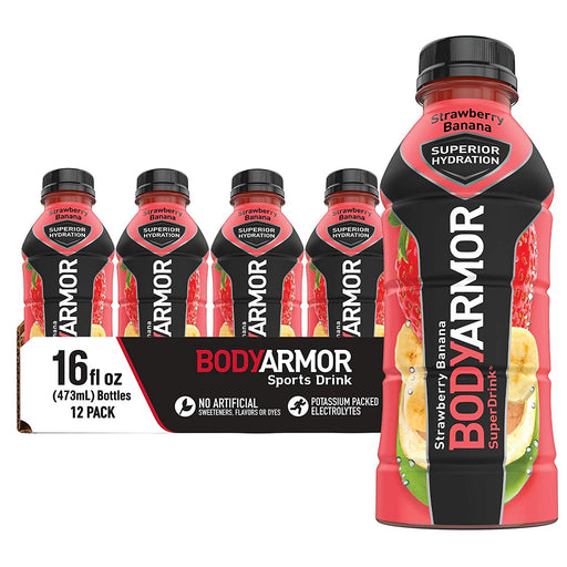 BODYARMOR Sports Drink Sports Beverage, Strawberry Banana, Natural Flavors with Vitamins, Potassium-Packed Electrolytes, Perfect for Athletes, 16 Fl Oz (Pack of 12)