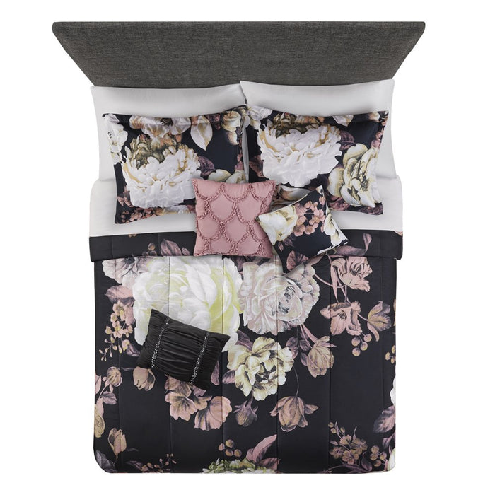 Mainstays Black Floral 10 Piece Bed in a Bag Comforter Set with Sheets, Queen