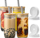 [ 4 Pack ] Glass Cups Set - 24Oz Mason Jar Drinking Glasses W Bamboo Lids & Straws & 2 Airtight Lids - Cute Reusable Boba Bottle, Iced Coffee Glasses, Travel Tumbler for Bubble Tea, Smoothie, Juice