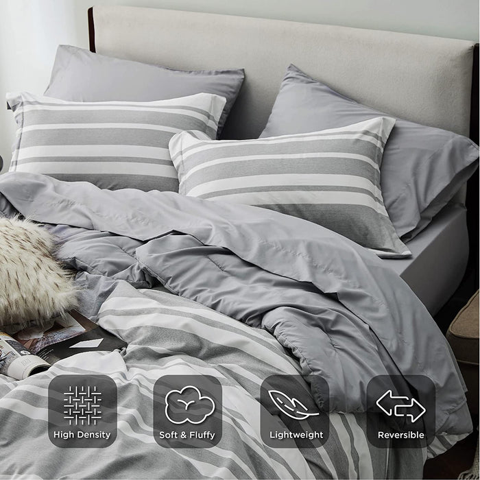 Bedsure Bed in a Bag Full Size 7-Piece Gray White Striped Bedding Comforter Sets All Season Bed Set, 2 Pillow Shams, Flat Sheet, Fitted Sheet and 2 Pillowcases