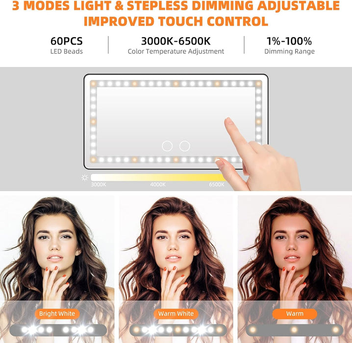 Car Sun Visor Vanity Mirror, Rechargeable Makeup Mirror with 3 Light Modes & 60 Leds - Dimmable Clip-On Rear View Sun-Shading Cosmetic Mirror with Touch on Screen, Universal for Truck SUV (Black)