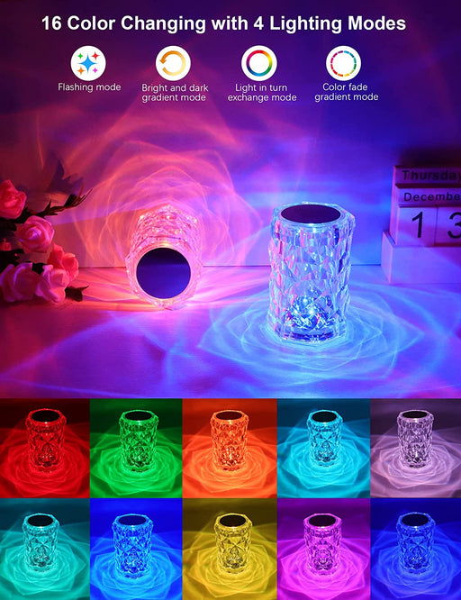 Crystal Lamp, Touch Control Rose Crystal Table Lamp with 16 RGB Color Changing Dimmable Night Light, LED Lamps for Bedroom with Type C Port & Remote, Gift for Kids Teens Girls Boys Adults Lover