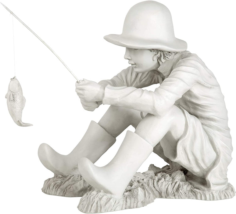 EU9288 Gone Fishing Fisherman Boy Garden Statue, 17 Inch, 10.5" D X 17" W X 17" H, Two Tone Stone
