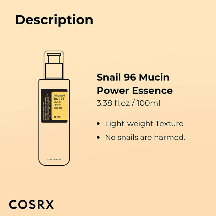COSRX Snail Mucin 96% Power Repairing Essence 3.38 Fl.Oz, 100Ml, Hydrating Serum for Face with Snail Secretion Filtrate for Dark Spots and Fine Lines, Not Tested on Animals, No Parabens, No Sulfates, No Phthalates, Korean Skincare