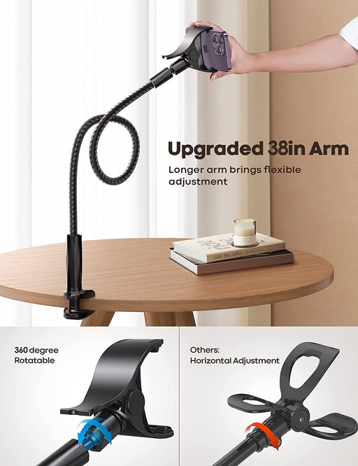 Gooseneck Phone Holder Bed - [Newest Nylon Braided] Flexible Arm, Overall Length 38Inch, 360 Adjustable Clamp Clip, Overhead Cell Phone Mount Stand for Bed, Desk, 4-7” Cellphone