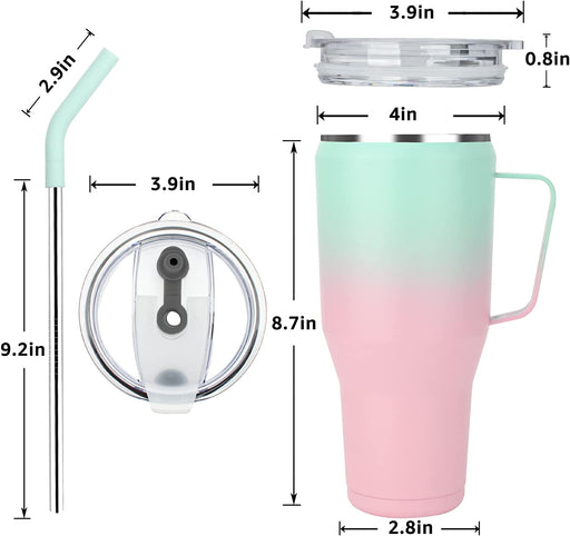 40Oz Insulated Tumbler with Handle,Stainless Steel Vacuum Mug with Lid and Straw,Maintains Cold and Heat for Hours,Sweat Proof/Leak Proof/Dishwasher Safe,Car Holder Cups-Green&Pink
