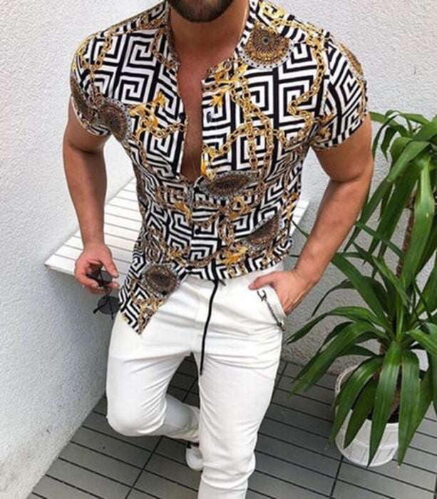 ⭐⭐Button up Shirt Men Baroque Fashion Hawaiian Short Sleeve T Casual Party Dress