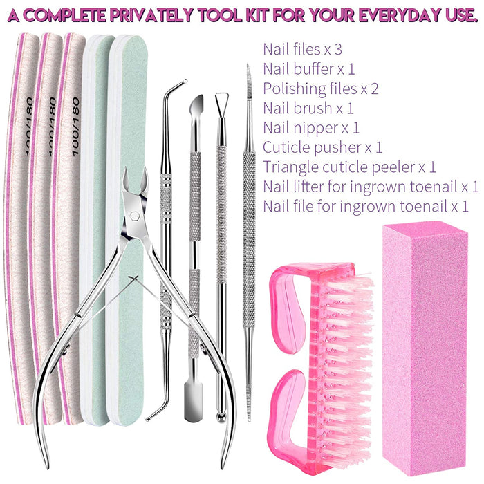 Nail Care Tool Kit,  Nail Files 100/180, Buffer Block, Cuticle Nippers, Cuticle Pusher, Cuticle Peeler, Nail Lifter for Ingrown Toenails, Toenail File, Nail Brush, for Manicure and Pedicure