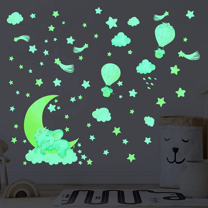 Glow in the Dark Elephant Wall Decals Stickers, Pink Moon Nursery Decor for Kids, Hot Air Balloon Star Crib Luminous Toddler Girls Home Decorations Bedroom Art