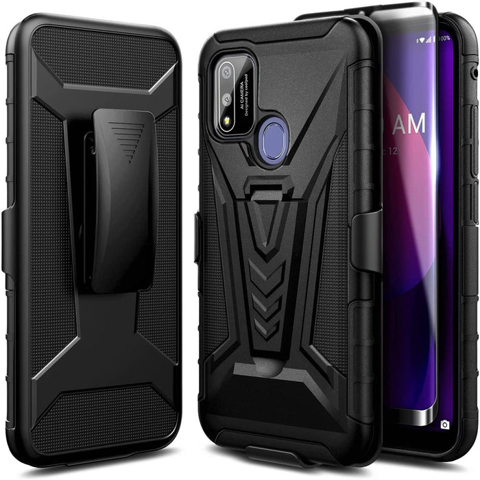 Coolpad SUVA Phone Case with Tempered Glass Screen Protector (Full Coverage),  Belt Clip Holster with Built-In Kickstand, Heavy Duty Shockproof Armor Rugged Case (Black)