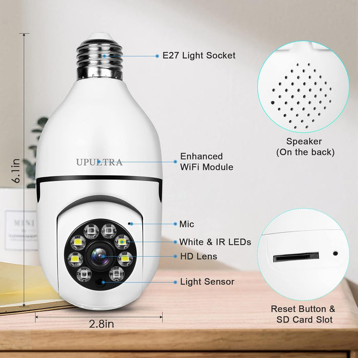 Security Wireless Camera Wifi 1080P Smart for Home Surveillance Screw into the E27 Socket Spotlight Alarm Color Night Vision Two-Way Talk Motion Alarm PTZ 360 Degree(2Packs with 64 SD Cards