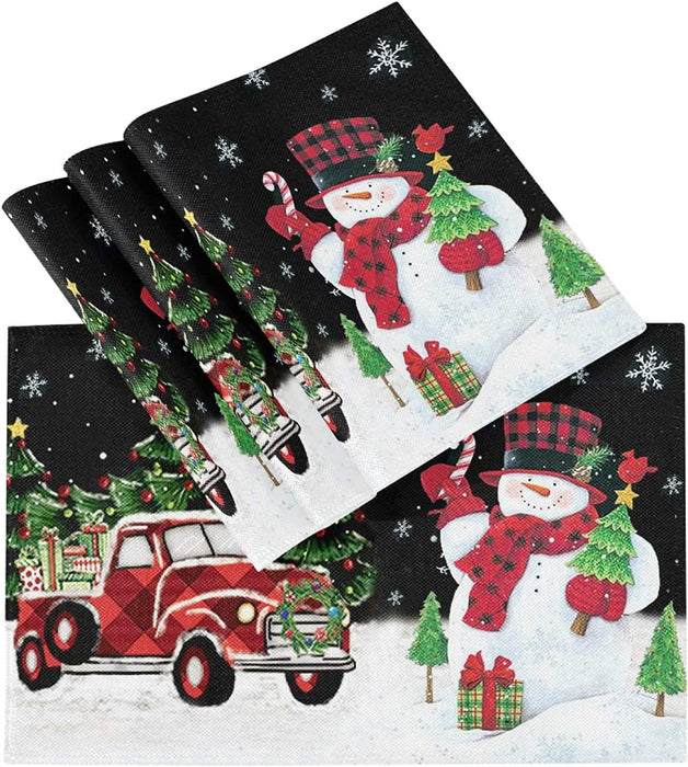 Pfrewn Winter Red Truck Dog Snow Placemats Set of 6 Table Mat Christmas Snowflake Place Mat Double-Sided Print 12" X 18" Dining Home Kitchen Xmas Table Decoration