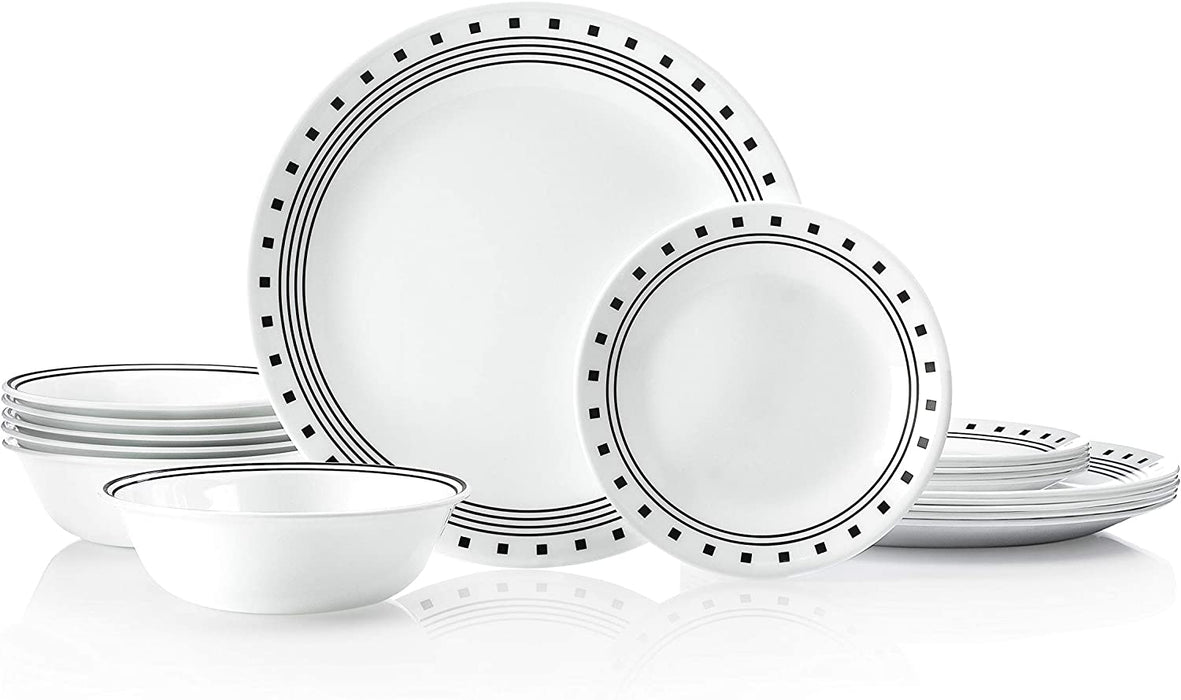 Vitrelle 18-Piece Service for 6 Dinnerware Set, Triple Layer Glass and Chip Resistant, Lightweight round Plates and Bowls Set, City Block