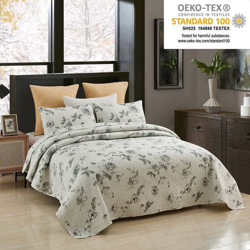 King Quilt Set, 3-Piece Quilt Sets with 2 Pillow Shams - Boho Reversible Soft and Lightweight Quilt Bedding Bedspread Coverlet Set, Printed Flowers