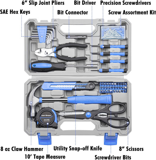 Tool Set General Hand Tool Kit with Plastic Toolbox Storage Case, Automotive Set Blue